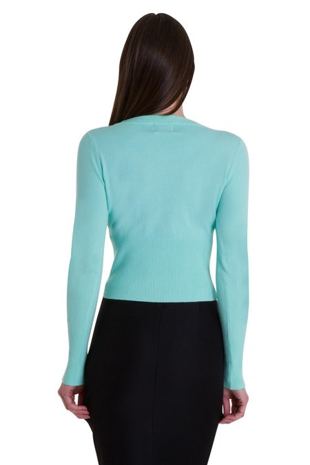 Back Image of a lady wearing a mint cardigan and black skirt