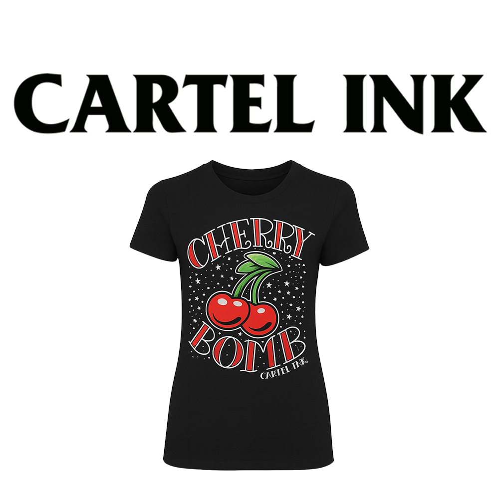 Black women's t-shirt featuring a "Cherry Bomb" graphic and Cartel Ink branding on a white background.