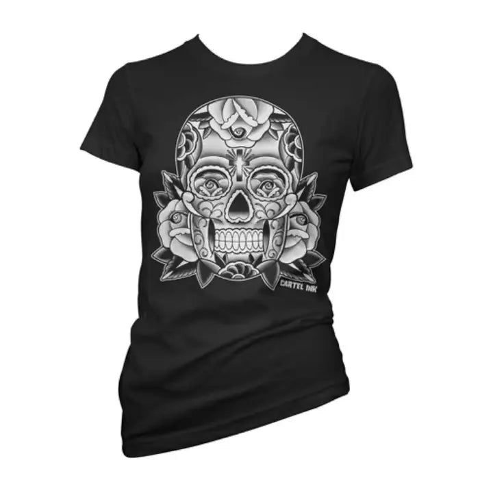 Black t-shirt with a detailed skull design on a white background