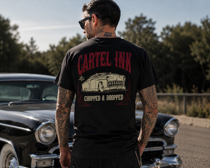Back Image of cartel ink mens tshirt with a classic car and writing