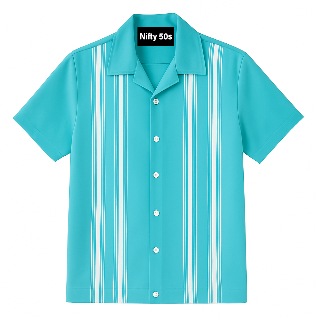 Turquoise shirt with white stripes and 'Nifty 50s' label on a white background