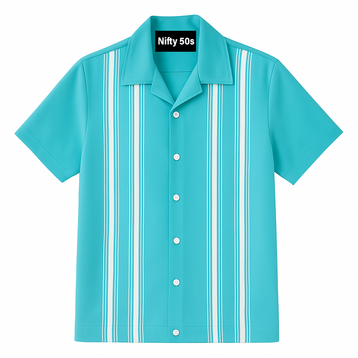 Turquoise shirt with white stripes and 'Nifty 50s' label on a white background