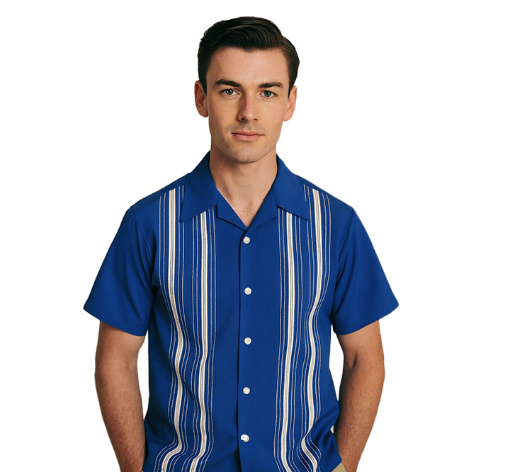 Man wearing a blue and white striped shirt on a white background
