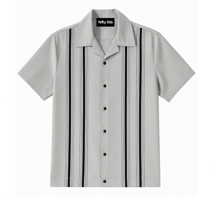Gray shirt with black stripes and 'Nifty 50s' label on a white background