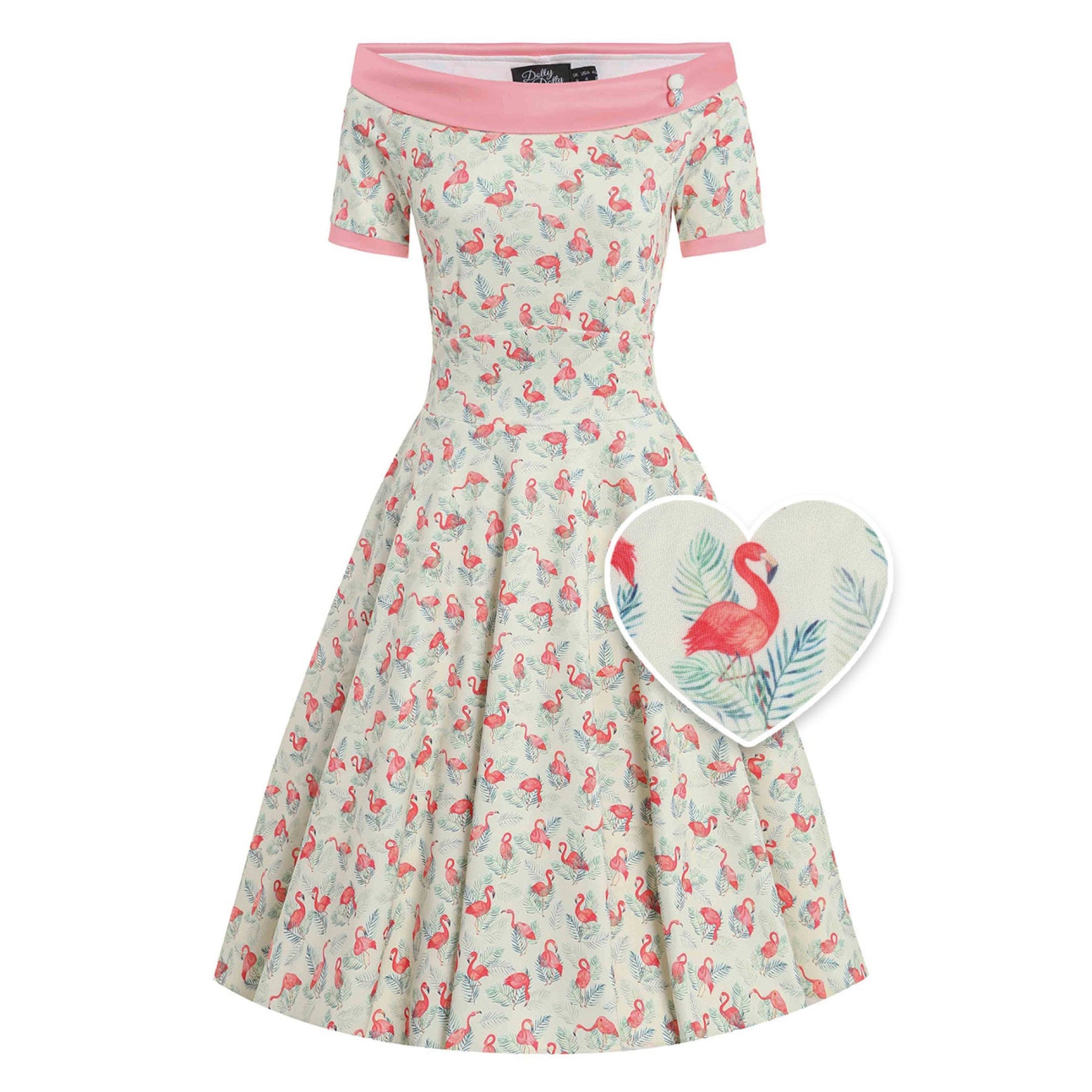 Retro-style floral swing dress with a pink flamingo pattern on a white background.