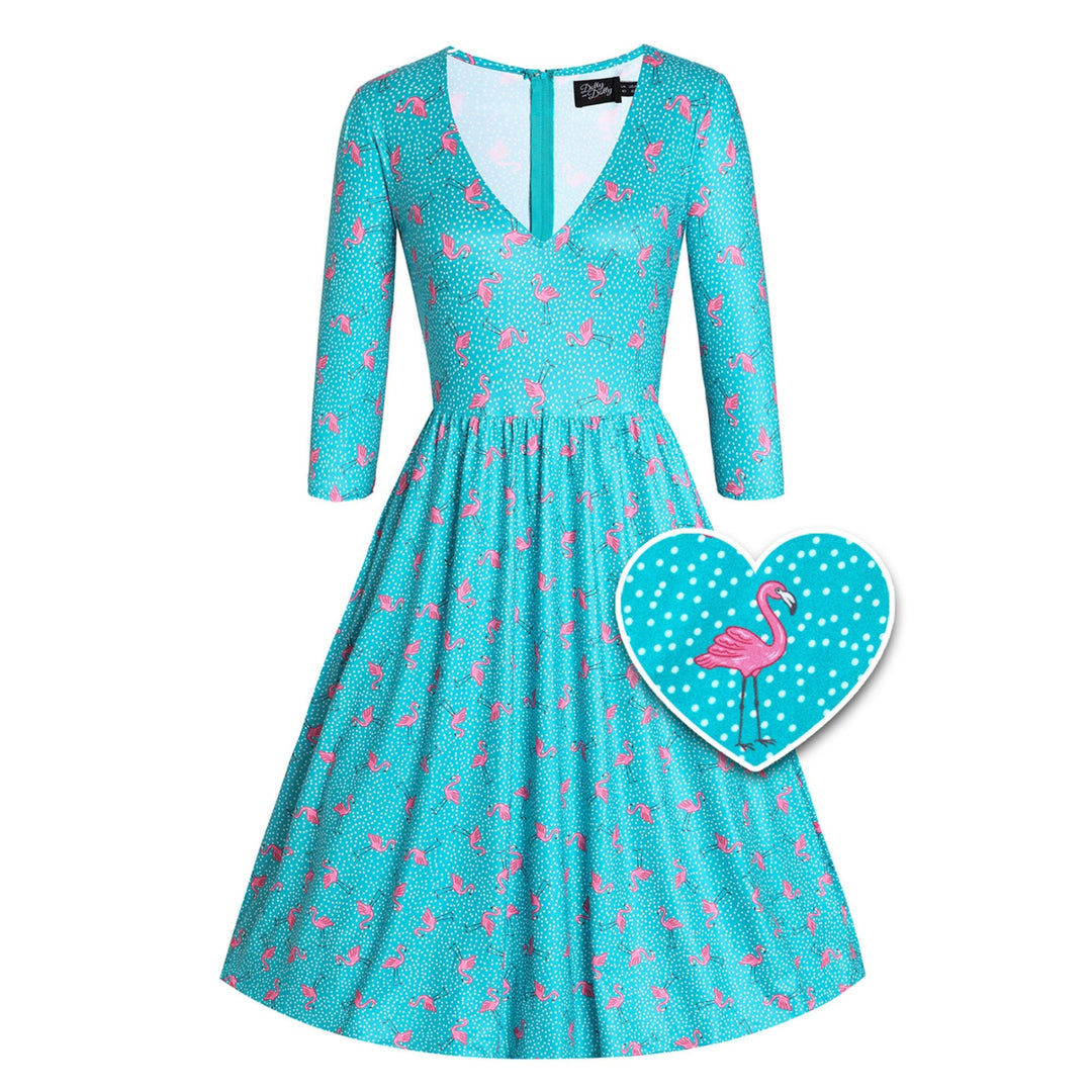 Dolly and Dotty Billie Long Sleeved Dress- Turquoise Flamingo Print (sizes  and 14 Only)