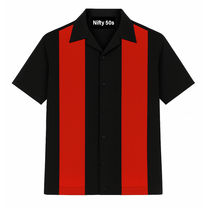 Black Red Bodgie Double Panel Bowling Shirt - Nifty50's Retro Men's