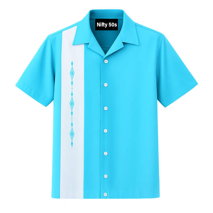 Aqua White Havana Diamond Design Bowling Shirt - Nifty50's Retro Men's