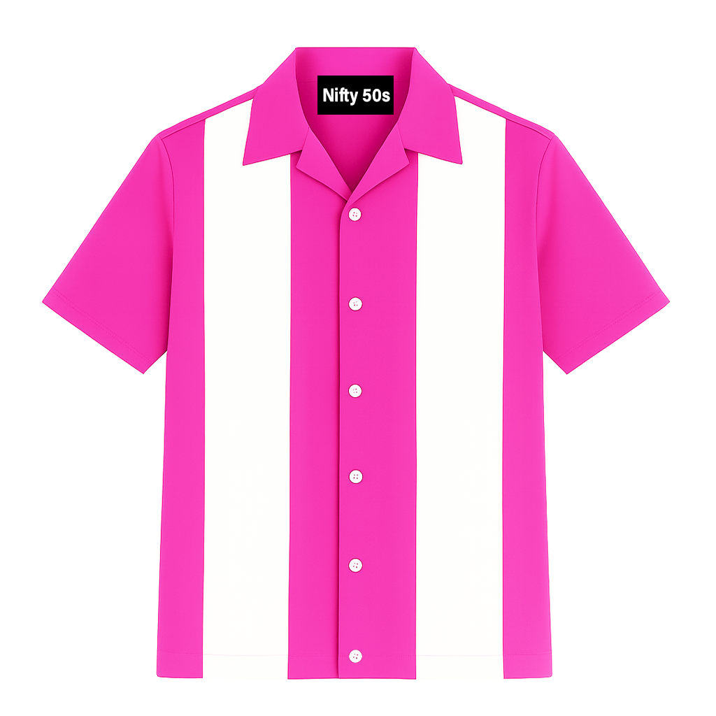 Pink and white striped shirt with 'Nifty 50s' label on a white background