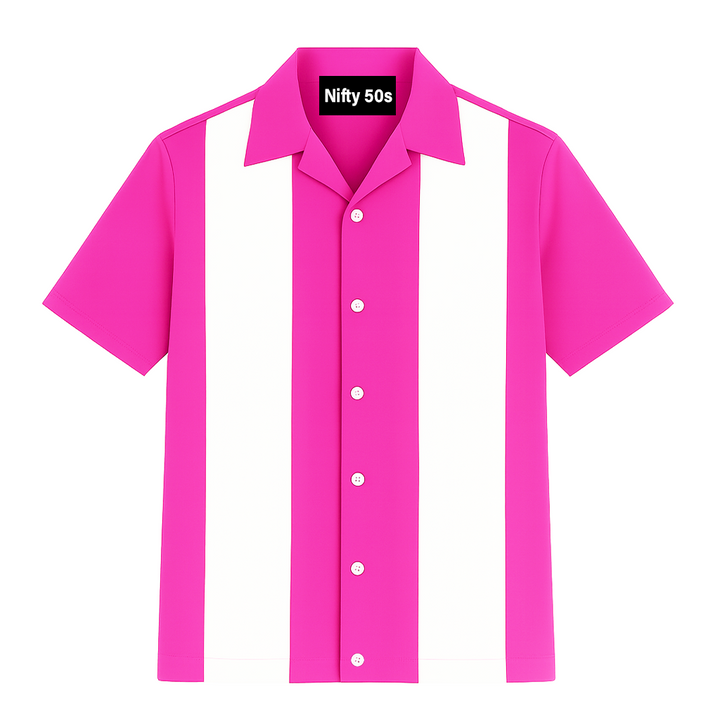 Pink and white striped shirt with 'Nifty 50s' label on a white background