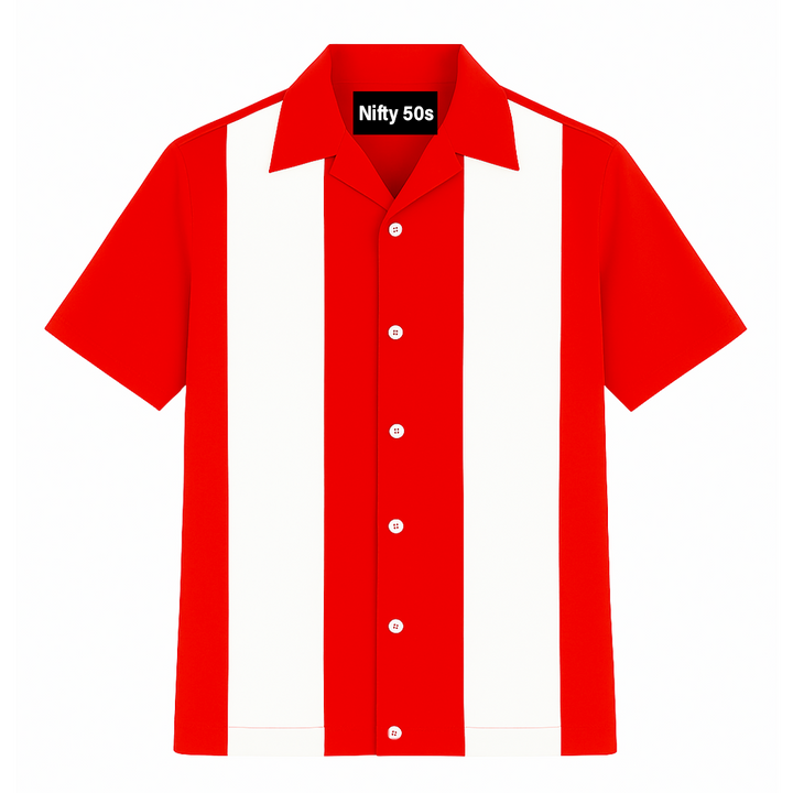 Red White Bodgie Double Panel Bowling Shirt - Nifty50's Retro Men's