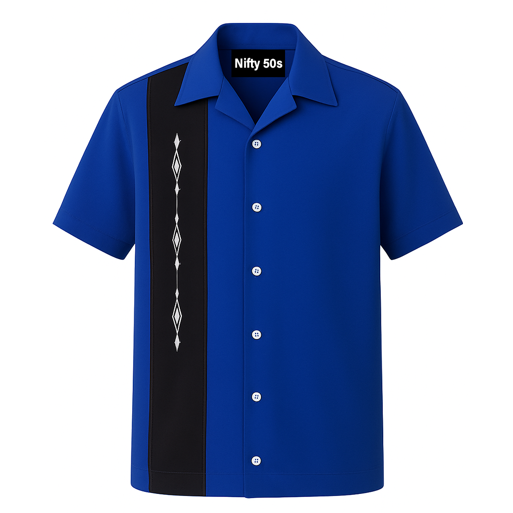 Black White Havana Diamond Design Bowling Shirt - Nifty50's Retro Men's