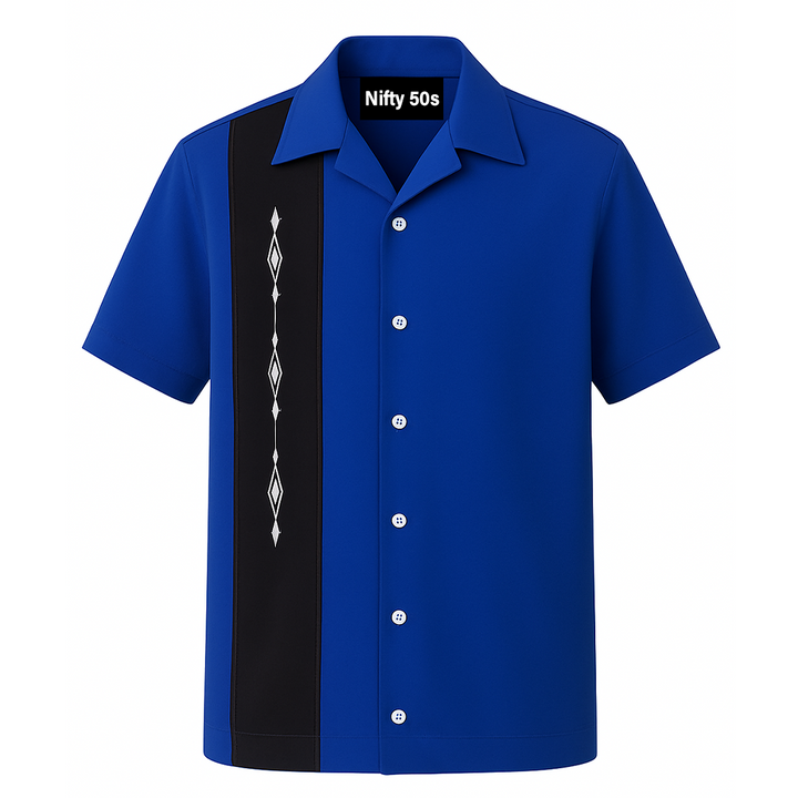 Black White Havana Diamond Design Bowling Shirt - Nifty50's Retro Men's
