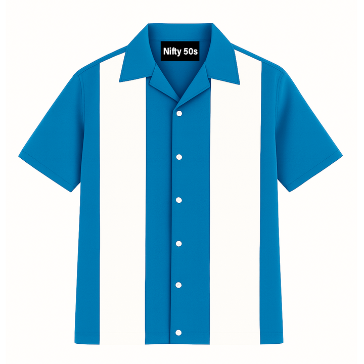 Teal White Bodgie Double Panel Bowling Shirt - Nifty50's Retro Men's