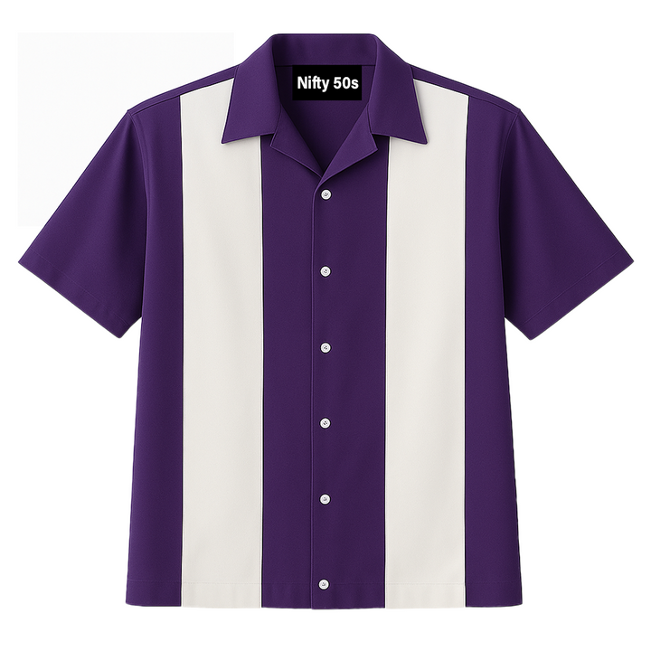 Purple White Bodgie Double Panel Bowling Shirt - Nifty50's Retro Men's