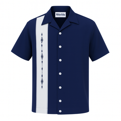 Navy White Havana Diamond Design Bowling Shirt - Nifty50's Retro Men's