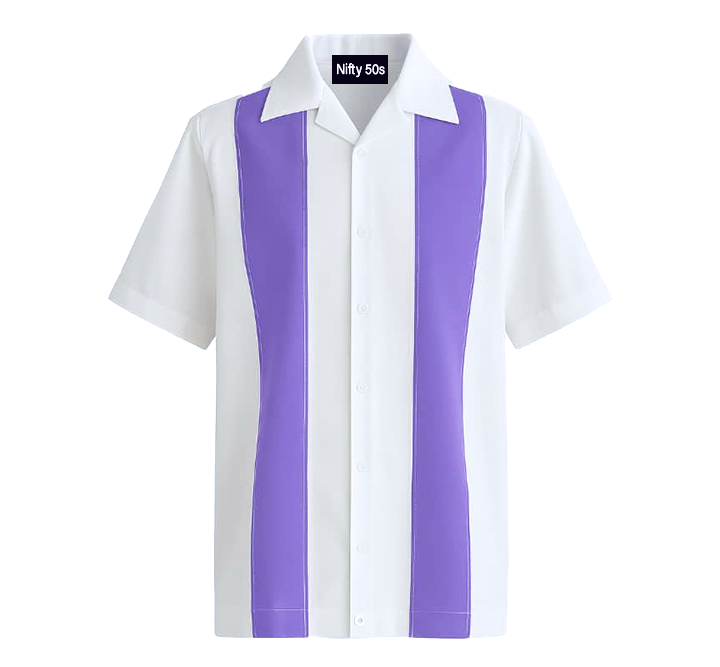 White shirt with Lilac stripes on a white background, branded 'Nifty 50s'.