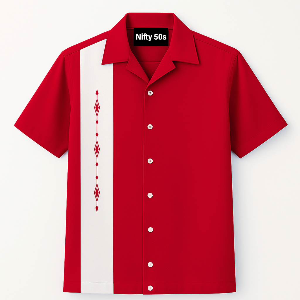 Red White Havana Diamond Design Bowling Shirt - Nifty50's Retro Men's
