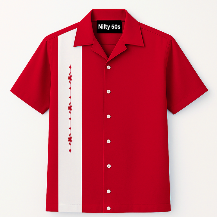Red White Havana Diamond Design Bowling Shirt - Nifty50's Retro Men's