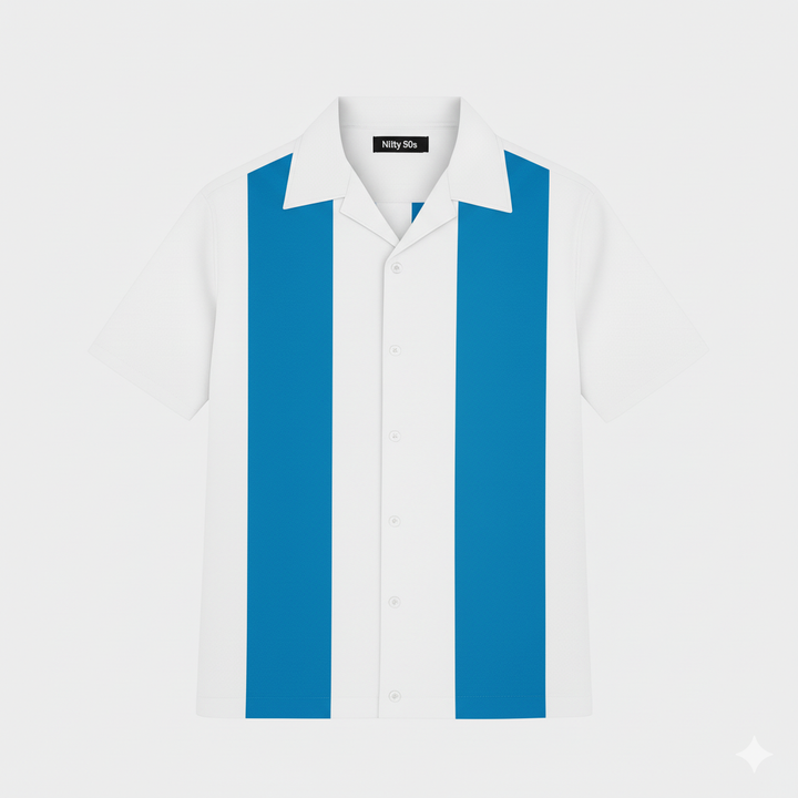 White Teal Bodgie Bowling Shirt - Nifty50's Retro Men's