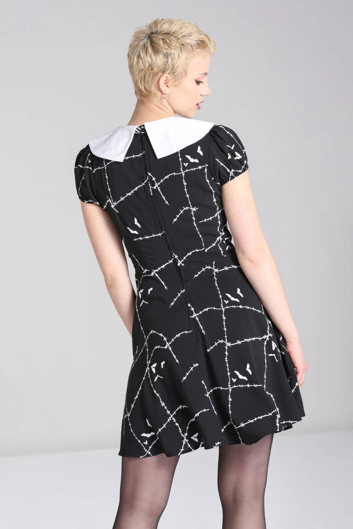 Black White Stitches Bats Mini Dress - Hell Bunny Gothic Viscose