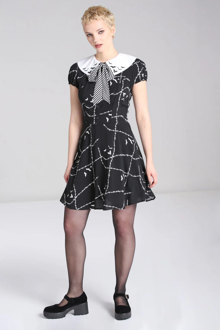 Black White Stitches Bats Mini Dress - Hell Bunny Gothic Viscose