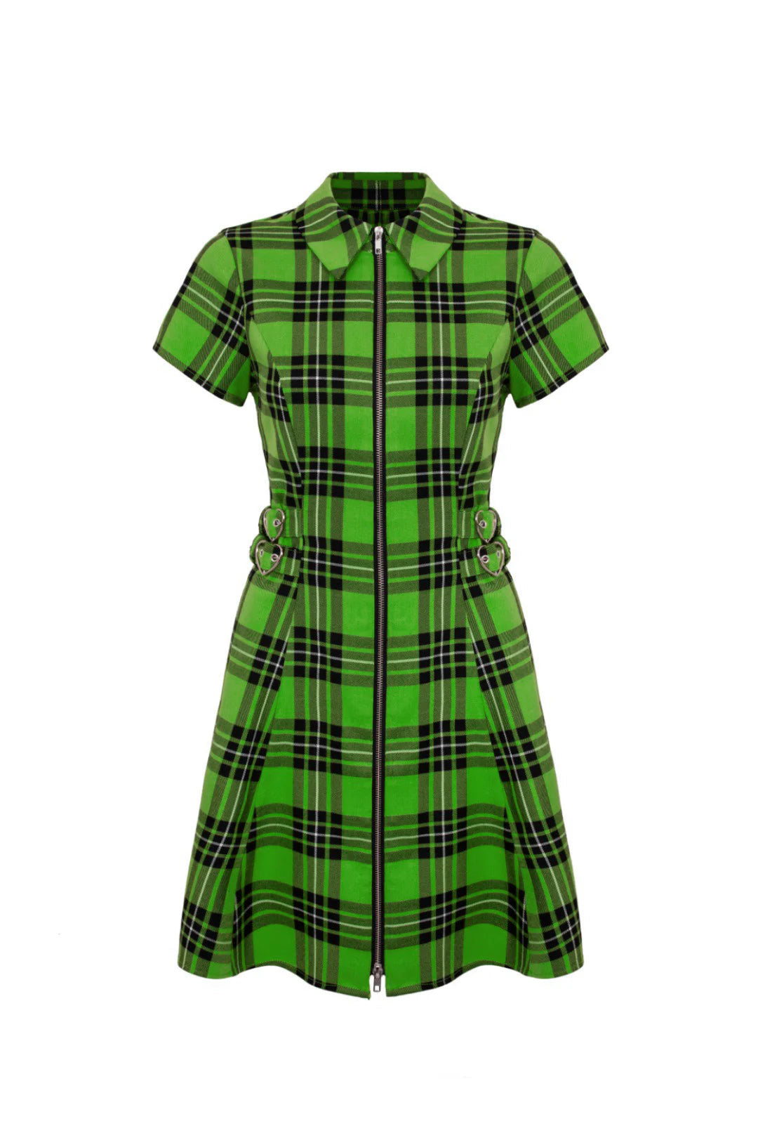 Green plaid dress with a zipper on a white background