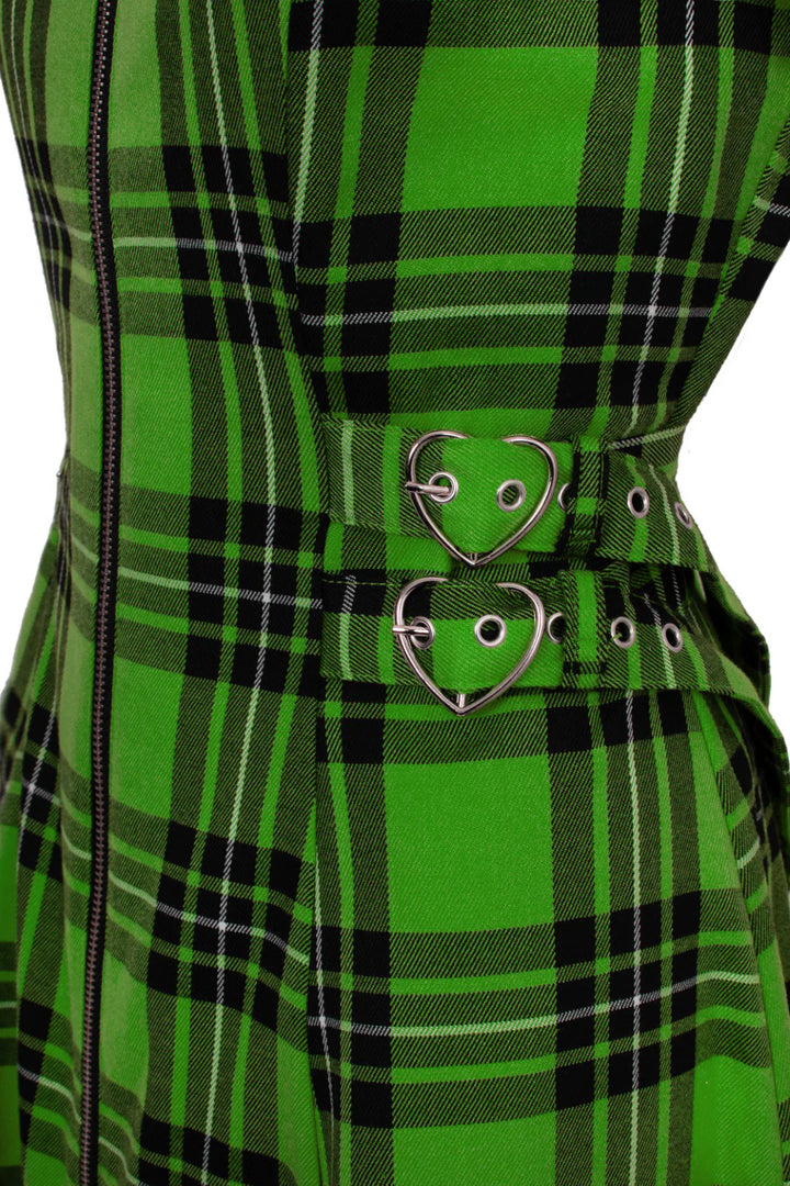 Green and black plaid dress with heart-shaped belt buckle.