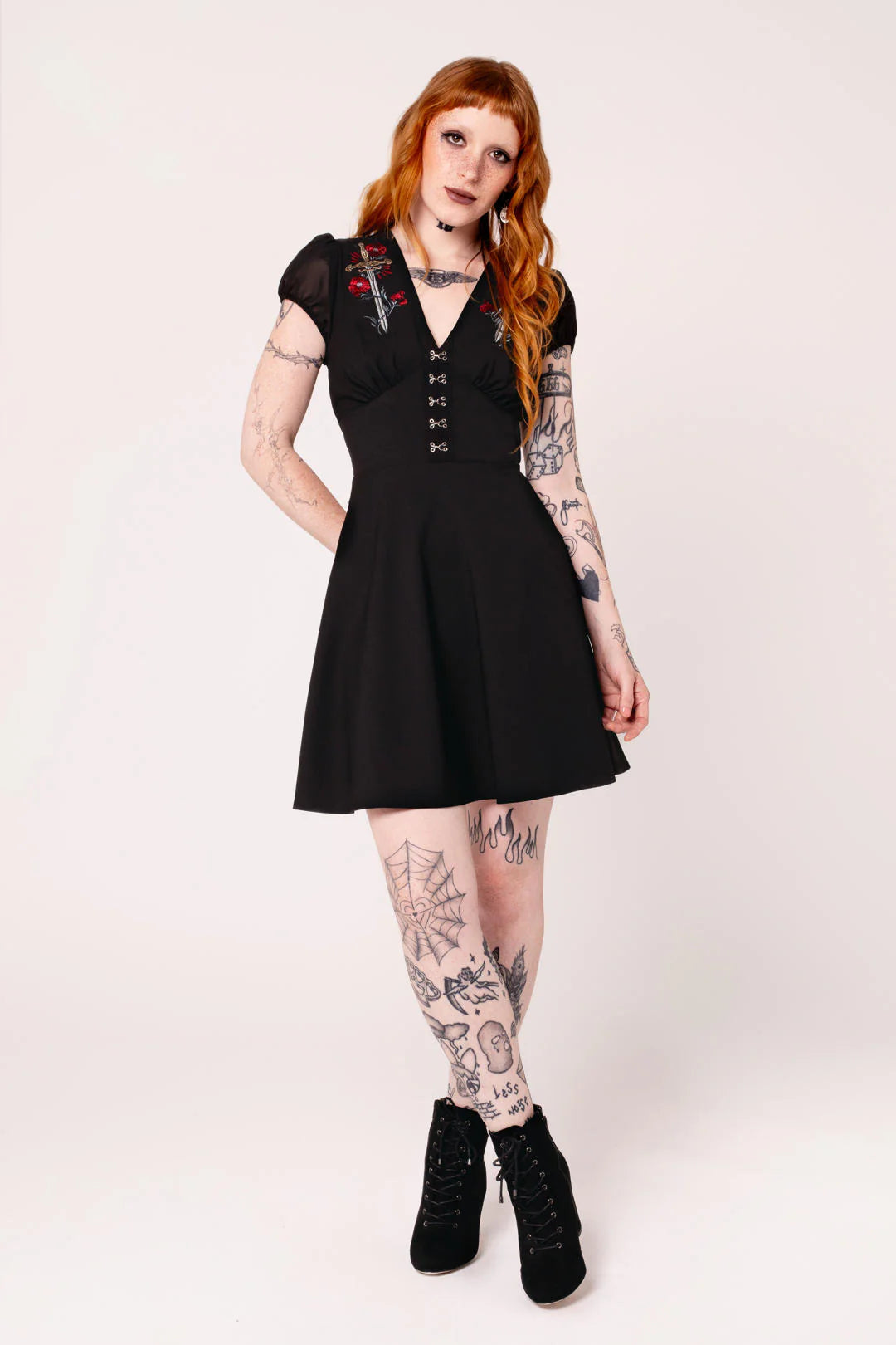 Black Elyse Dress - Hell Bunny Swords Roses Gothic Mini Womens