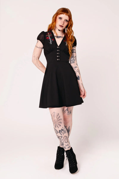 Black Elyse Dress - Hell Bunny Swords Roses Gothic Mini Womens