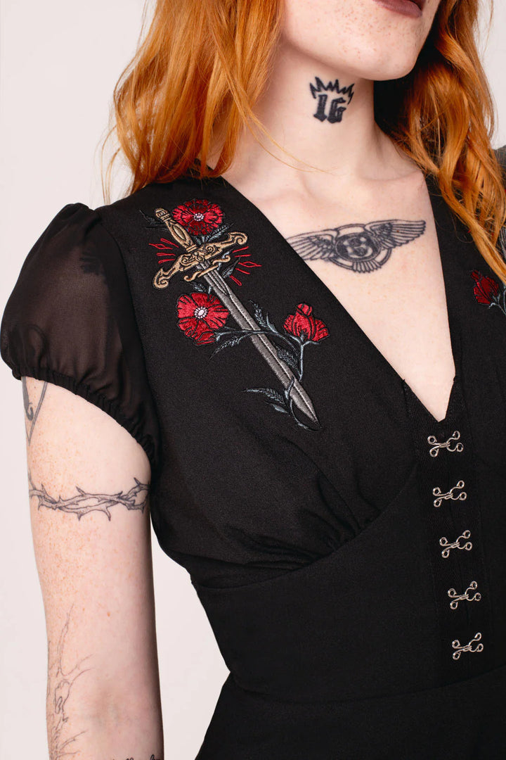 Black Elyse Dress - Hell Bunny Swords Roses Gothic Mini Womens