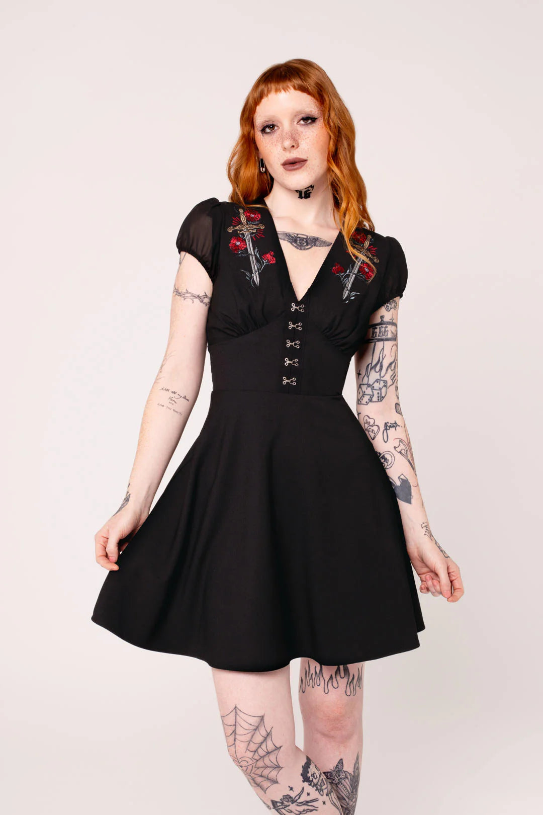 Black Elyse Dress - Hell Bunny Swords Roses Gothic Mini Womens