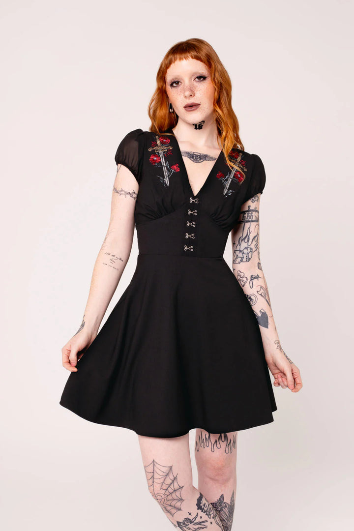Black Elyse Dress - Hell Bunny Swords Roses Gothic Mini Womens