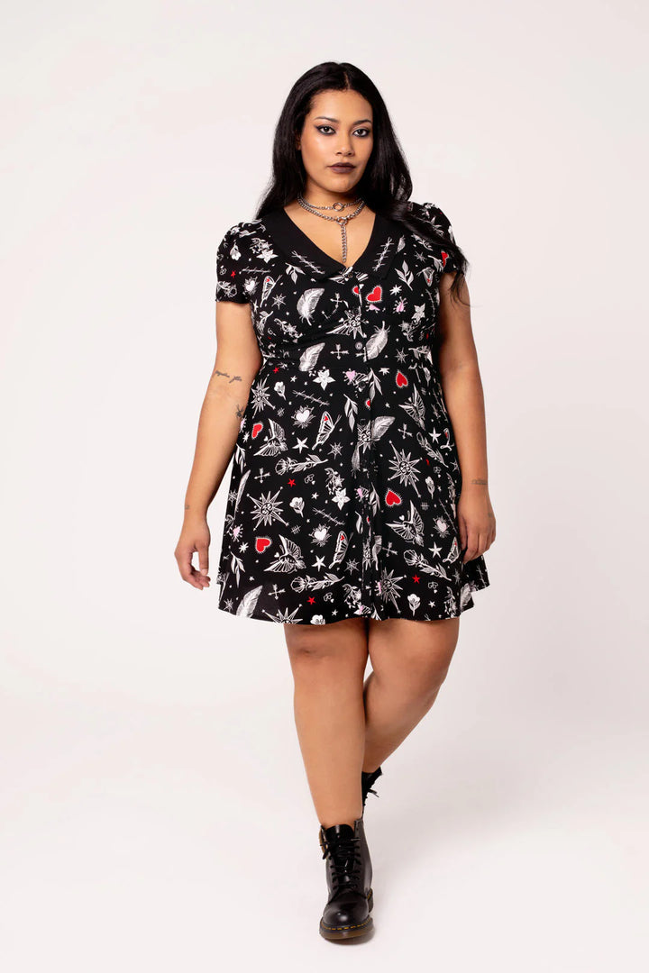 Black Leah Dress - Hell Bunny Tattoo Print Gothic Mini