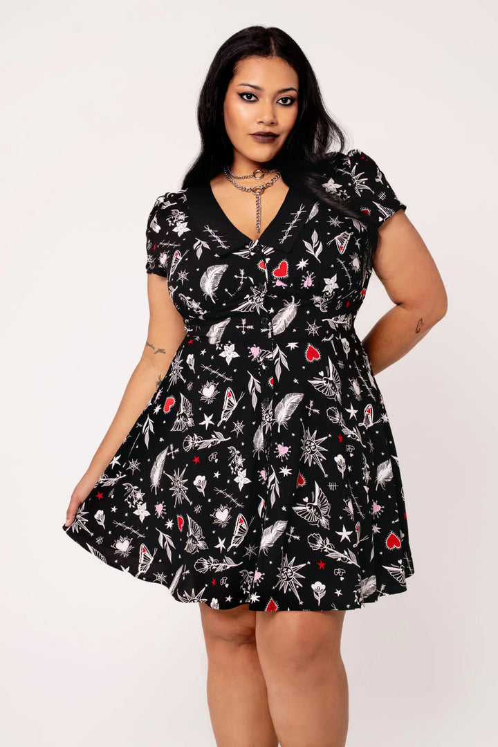 Black Leah Dress - Hell Bunny Tattoo Print Gothic Mini