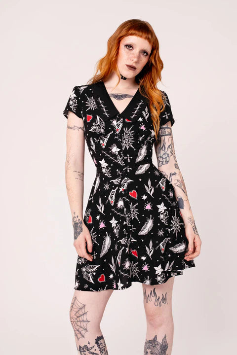 Black Leah Dress - Hell Bunny Tattoo Print Gothic Mini