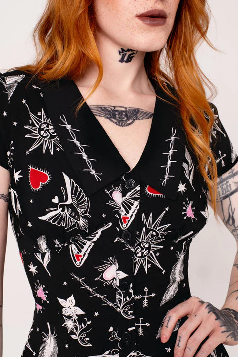Black Leah Dress - Hell Bunny Tattoo Print Gothic Mini