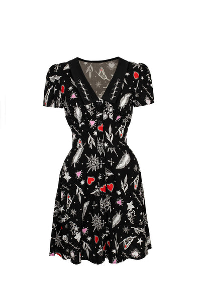 Black Leah Dress - Hell Bunny Tattoo Print Gothic Mini