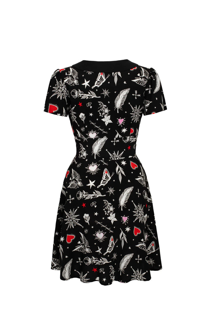 Black Leah Dress - Hell Bunny Tattoo Print Gothic Mini