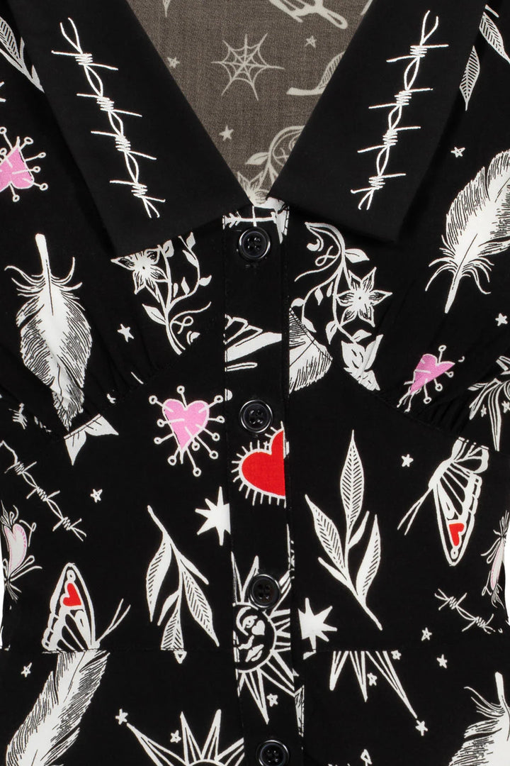 Black Leah Dress - Hell Bunny Tattoo Print Gothic Mini