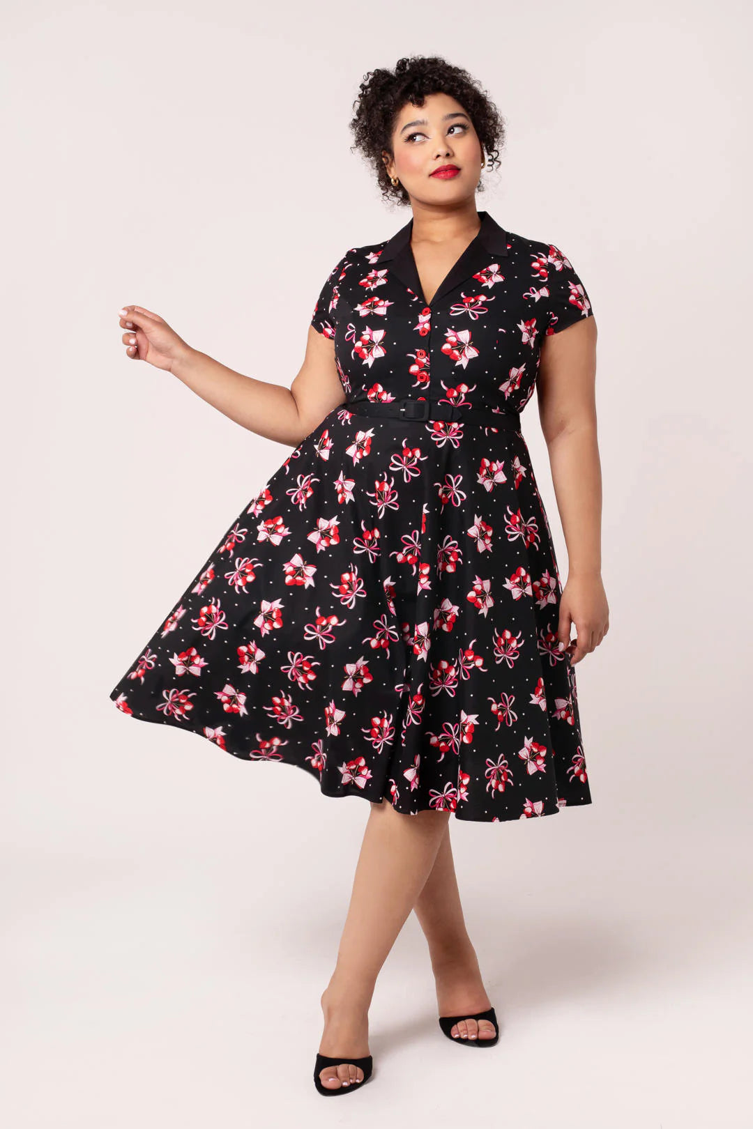 Black Cherilyn Dress - Hell Bunny Cherry Print 1950s Swing Womens