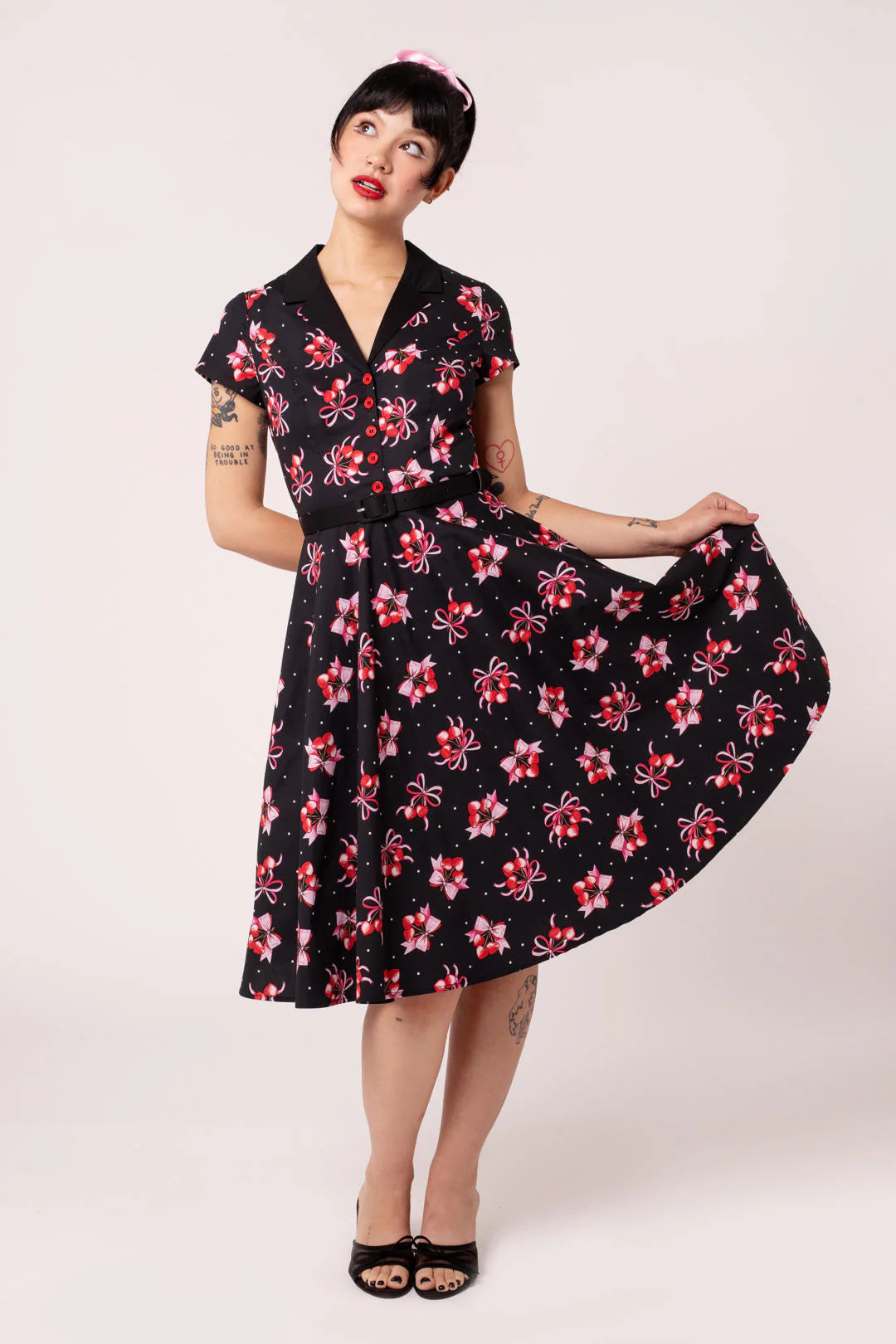 Black Cherilyn Dress - Hell Bunny Cherry Print 1950s Swing Womens