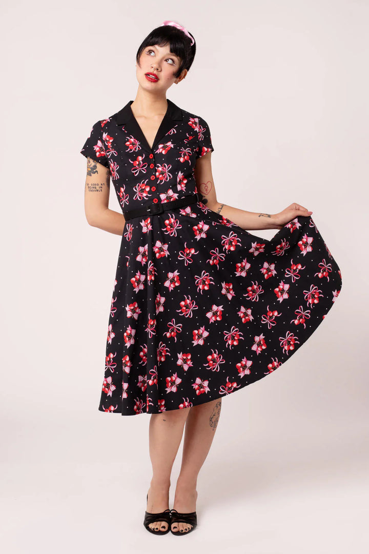 Black Cherilyn Dress - Hell Bunny Cherry Print 1950s Swing Womens