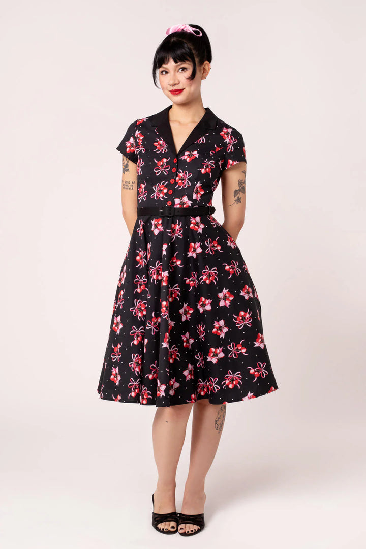 Black Cherilyn Dress - Hell Bunny Cherry Print 1950s Swing Womens