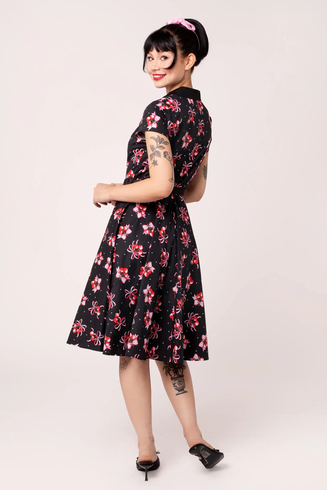 Black Cherilyn Dress - Hell Bunny Cherry Print 1950s Swing Womens