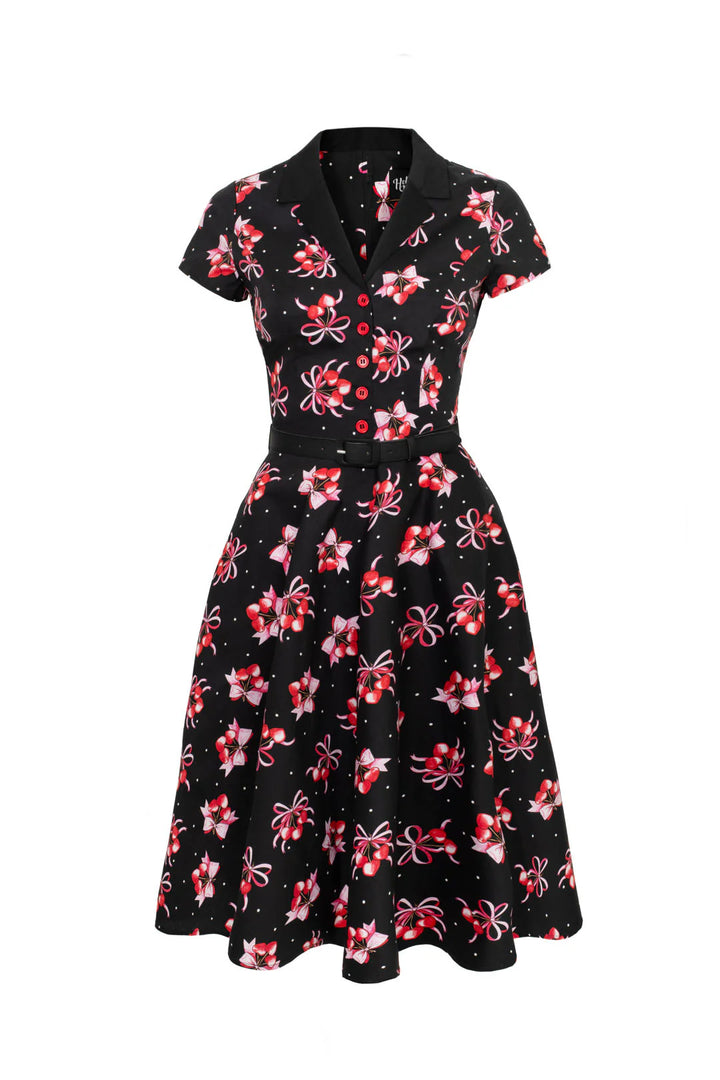 Black Cherilyn Dress - Hell Bunny Cherry Print 1950s Swing Womens