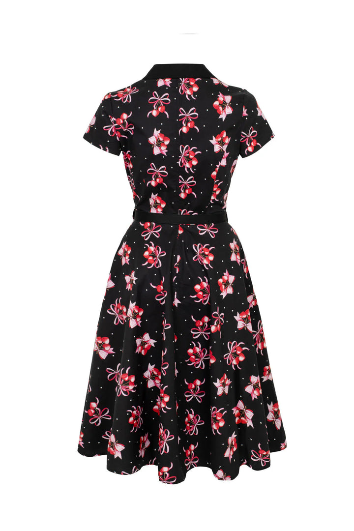 Black Cherilyn Dress - Hell Bunny Cherry Print 1950s Swing Womens