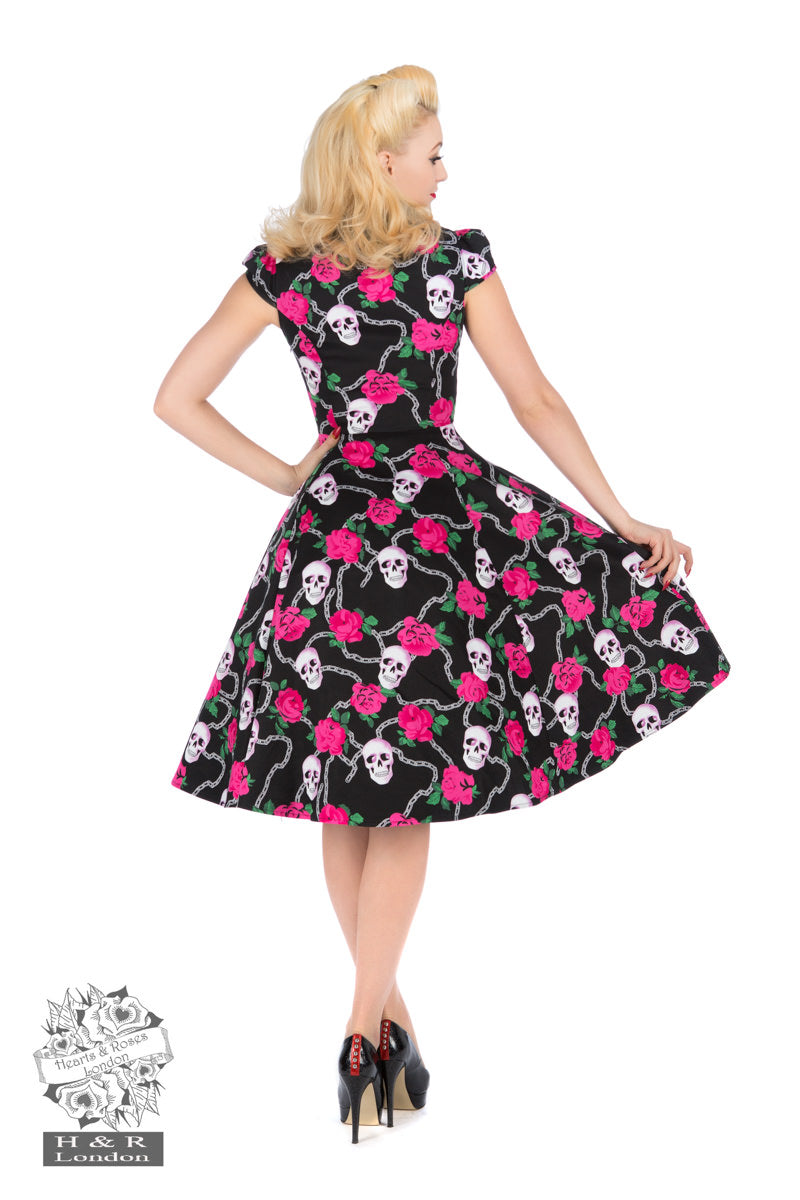 Black Skulls Pink Roses Tea Dress - Hearts & Roses Psychobilly Size 10 only