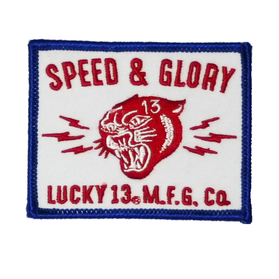 Lucky 13 Panther Head Speed & Glory Iron On Patch- White