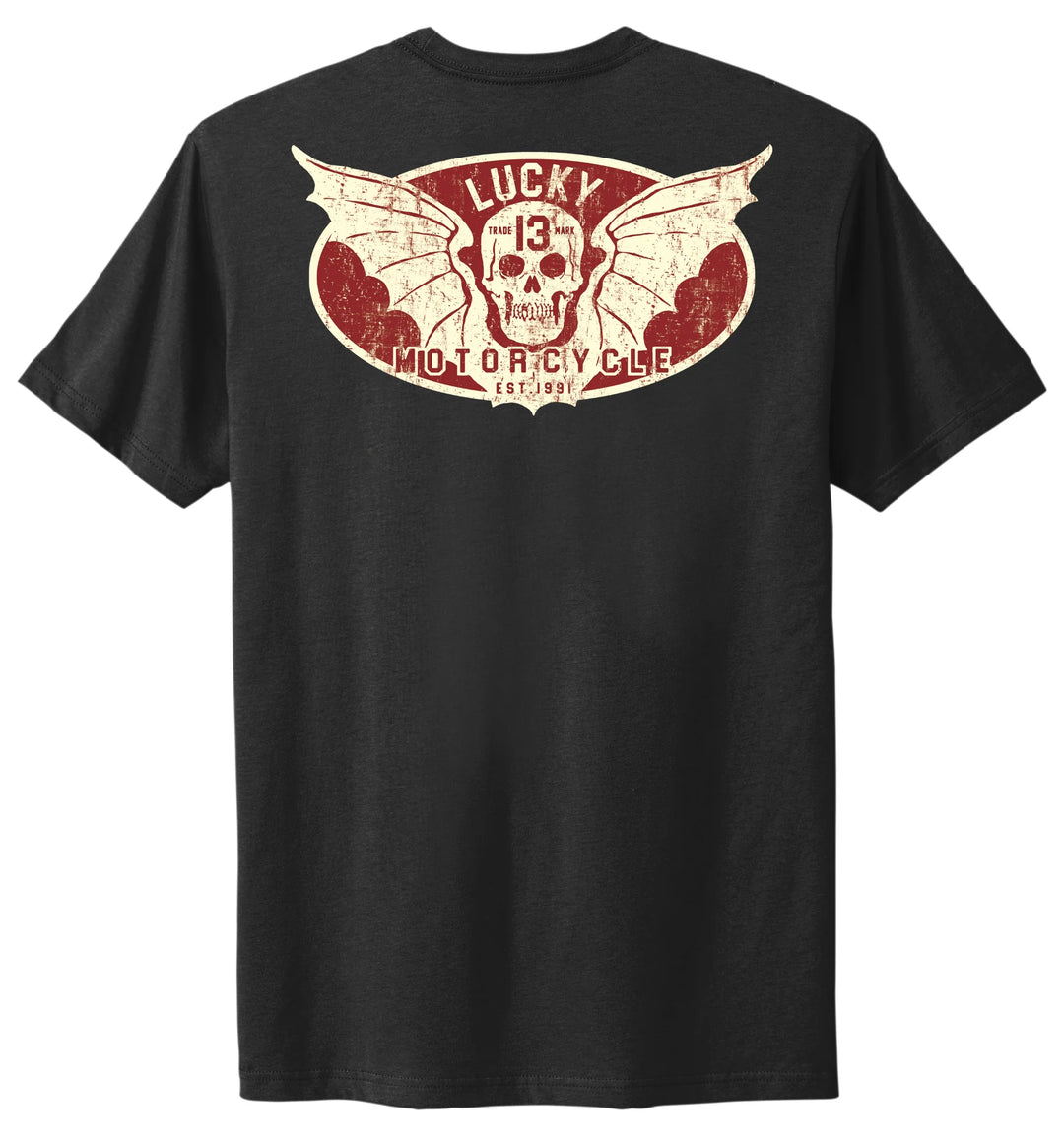 Black t-shirt with a red and white graphic design on the back